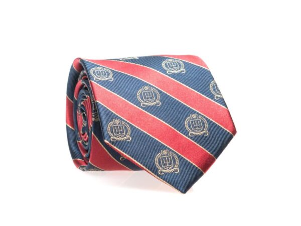 Red and Navy Blue Striped Tie with Gold Naval War College Logos