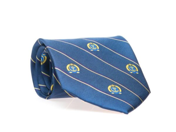 Blue Tie with Gold Stripes and Naval War College Logos