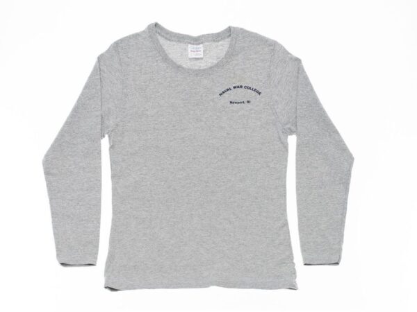 Grey, Long Sleeve, Crew Neck Shirt with Navy Blue Naval War College Newport, RI Verbiage on Chest