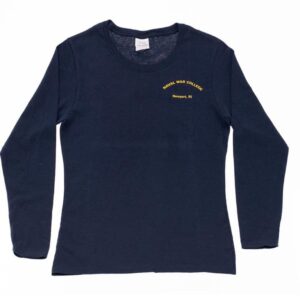 Navy Blue, Long Sleeve, Crew Neck Shirt with Gold Naval War College Newport, RI Verbiage on Chest