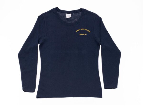 Navy Blue, Long Sleeve, Crew Neck Shirt with Gold Naval War College Newport, RI Verbiage on Chest