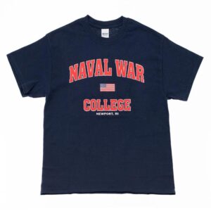 Navy Blue, Short Sleeve, Crew Neck T-Shirt with Red Naval War College Verbiage and an American Flag in the Center
