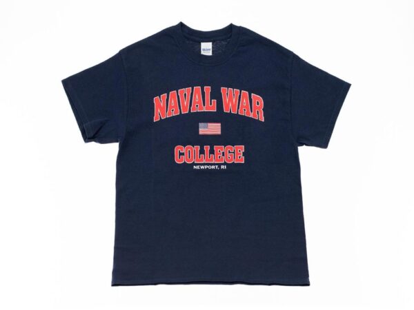 Navy Blue, Short Sleeve, Crew Neck T-Shirt with Red Naval War College Verbiage and an American Flag in the Center