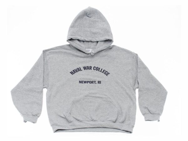 Grey Hooded Sweatshirt with Blue Naval War College Newport, RI Verbiage in the Center
