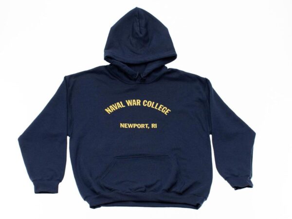 Navy Blue Hooded Sweatshirt with Gold Naval War College Newport, RI Verbiage in the Center