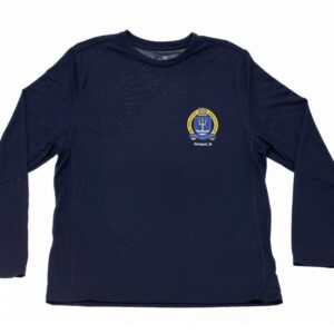Dry Fit, Long Sleeve, Crew Neck, Navy Blue Shirt with Naval War College Logo on Chest
