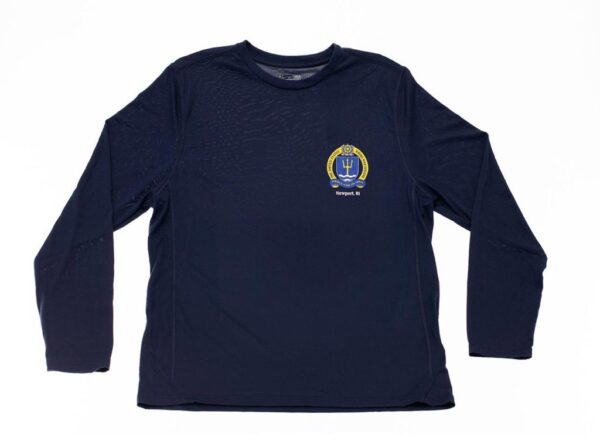 Dry Fit, Long Sleeve, Crew Neck, Navy Blue Shirt with Naval War College Logo on Chest