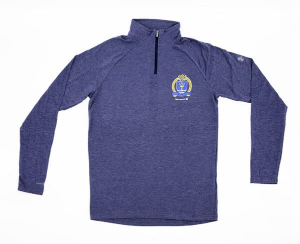 Blue Under Armour Quarter Zip with Under Armour Logo on Sleeve and Naval War College Logo on Chest