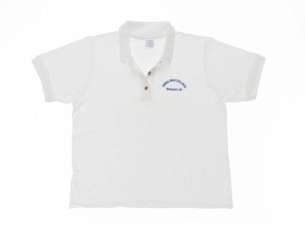 Women's Short Sleeve, White Polo Shirt with Naval War College Newport, RI Verbiage in Light Blue on Chest