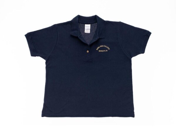 Men's Short Sleeve, Navy Blue Polo Shirt with Naval War College Newport, RI Verbiage in Gold on Chest