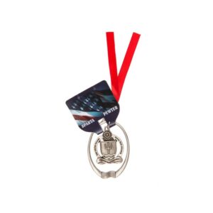 Pewter Naval War College Logo Holiday Ornament with Red Ribbon
