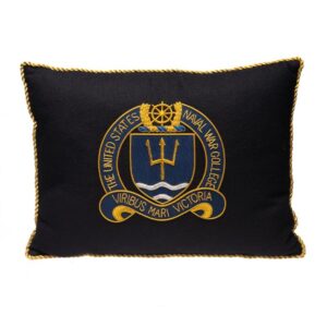 Navy Blue Pillow with Gold Threading and Gold Accents and Naval War College Logo