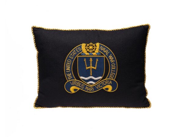 Navy Blue Pillow with Gold Threading and Gold Accents and Naval War College Logo