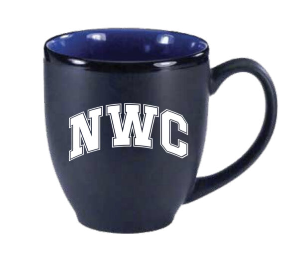 Blue mug with NWC written in vintage lettering