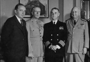 From left to right are Professor Robert G. Albion, Colonel John Potts, USMC, Captain Dudley W. Knox (Ret.), and Admiral Edward C. Kalbfus