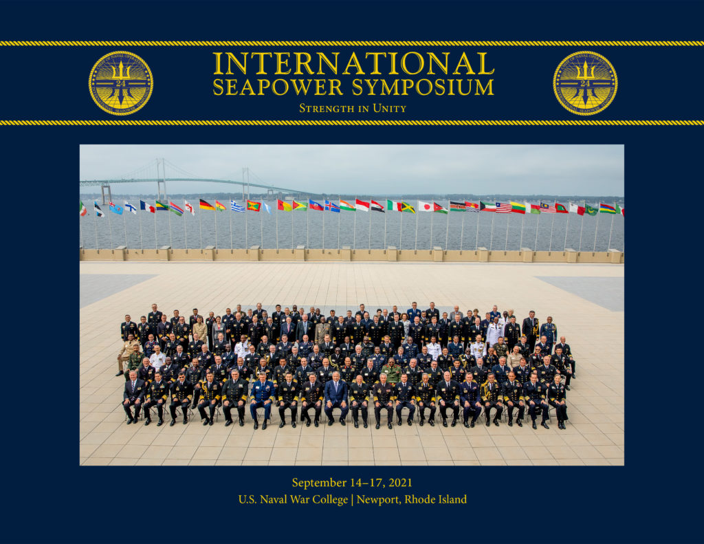 Delegates at the 24th International Seapower Symposium gather on Colbert Plaza at the U.S. Naval War College.